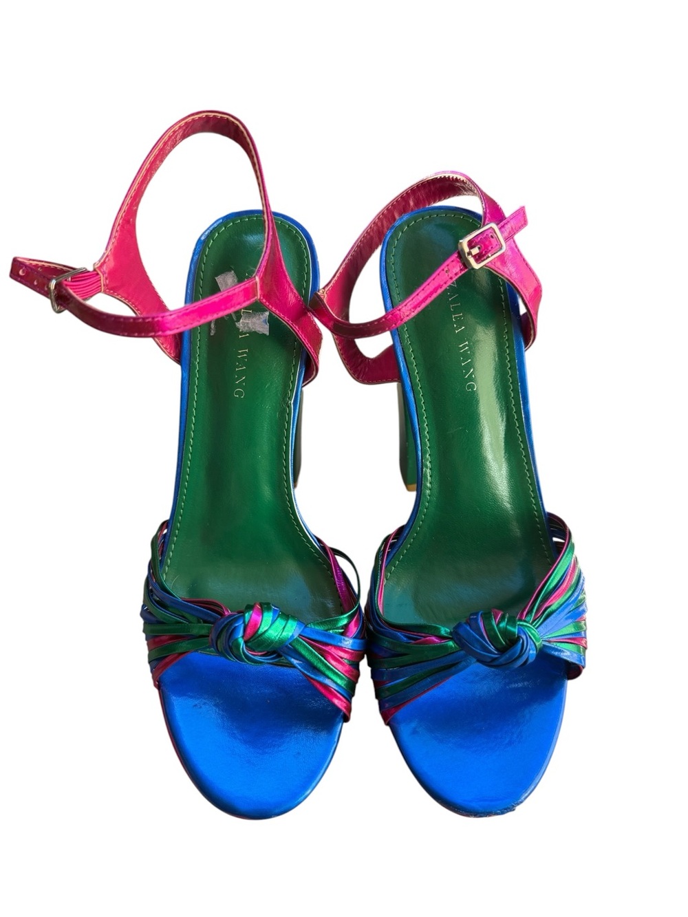 Azalea Wang Metallic Pink Teal Platform Block Heel Sandals Size 7 - Picture 2 of 9
